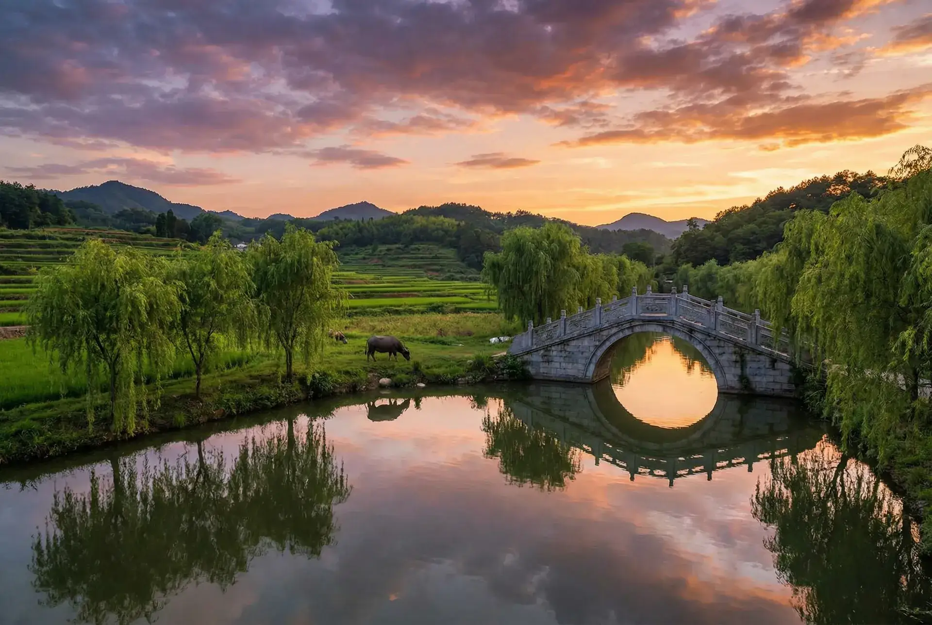 夕阳下的石拱桥与垂柳，水牛在河边吃草 - 红桃m8n9 乡村美景